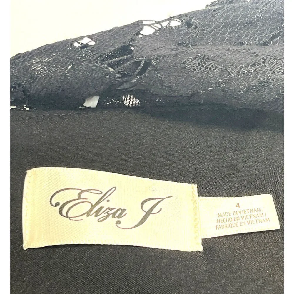 Eliza J Womens Size 4 Black Lace‎ Dress Sheer 3/4 Sleeve A-Line Fit Flare Lined